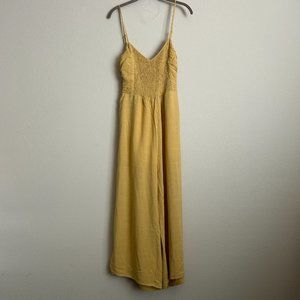 Heyson Womens Smocked Flare Jumpsuit Size L Yellow Back Tie Detail Sleeveless